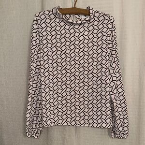 TEMT 12 White Brown Black Geometrical Print Long Sleeve Cowl Collar Blouse